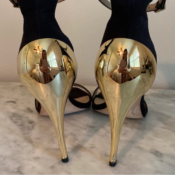 Zara Black & Gold Stiletto Suede Ankle Strap High Heels, Women’s EU 38, US 7.5 - Picture 4 of 13